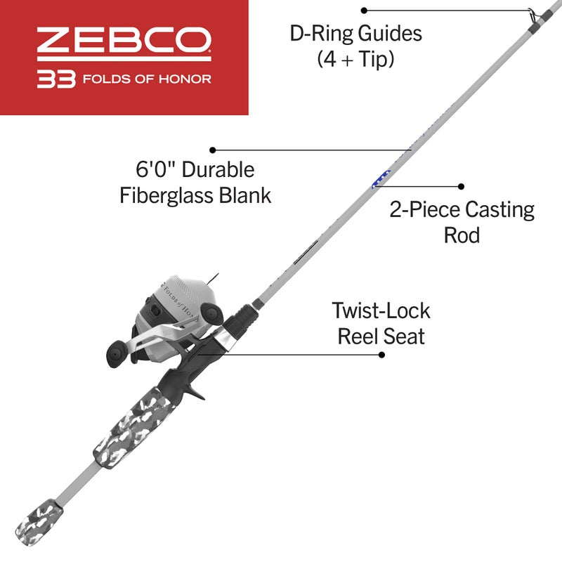 Zebco 33 Folds of Honor Spincast Reel and 2-Piece Fishing Rod Combo, 6-Foot Fiberglass Rod, Quickset Anti-Reverse Fishing Reel with Bite Alert, 1 Dollar Donated to Folds of Honor Foundation,Grey/Black - Image 2